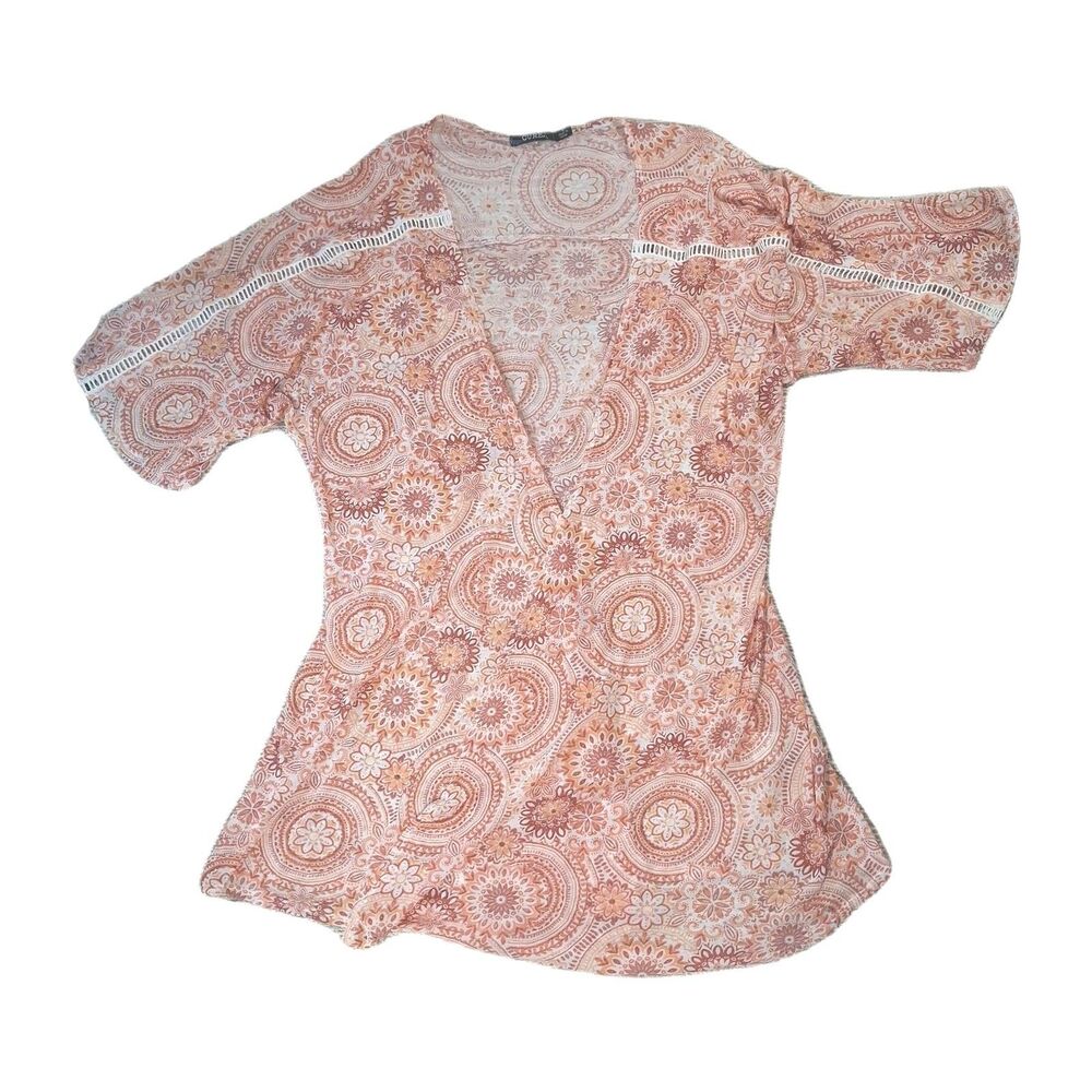 ​CURE Women's Kimono Cardigan Paisley Orange Medium Boho Sheer Coverup Lightweig